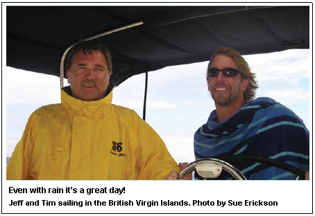 Even with rain it’s a great day! Jeff and Tim sailing in the British Virgin Islands.Photo by Sue Erickson