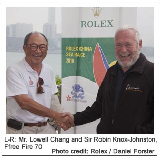 L-R: Mr. Lowell Chang and Sir Robin Knox-Johnston, Ffree Fire 70, Photo credit: Rolex / Daniel Forster