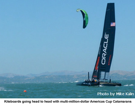 Kiteboards going head to head with multi-million-dollar Americas Cup Catamarans