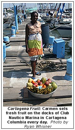 CArmen sells fresh fruit on the docks of Club Marina in Cartagena, Colombia every day.