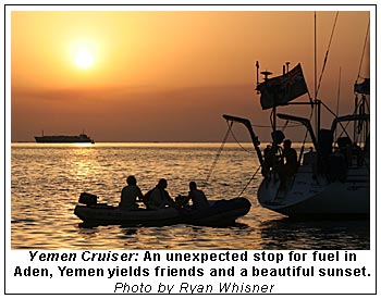 An unexpected spot for fuel in Aden, Yemen yields friends and a beautiful sunset.