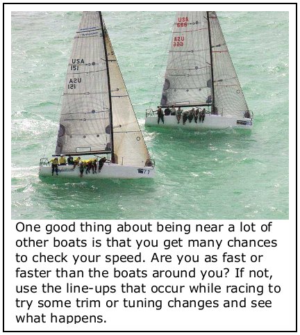 One good thing about being near a lot of other boats is that you get many chances to check your
							speed. Are you as fast or faster than the boats around you? If not, use the line-ups that occur while racing to try some trim or tuning changes and see what happens.
