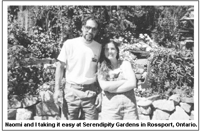 Naomi and I taking it easy at Serendipity Gardens in Rossport, Ontario.