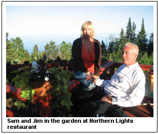Sam and Jim in the garden at Northern Lights restaurant