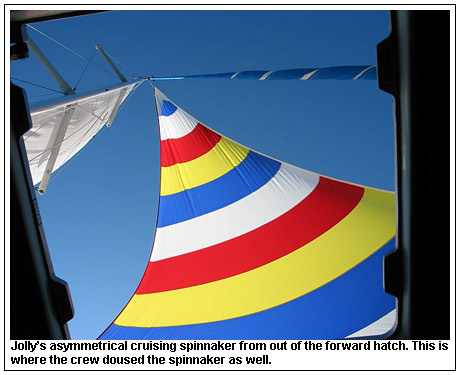 Jolly’s asymmetrical cruising spinnaker from out of the forward hatch. This is where the crew doused the spinnaker as well.