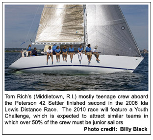 Tom Richs (Middletown, R.I.) mostly teenage crew aboard the Peterson 42 Settler finished second in the 2006 Ida Lewis Distance Race.  The 2010 race will feature a Youth Challenge, which is expected to attract similar teams in which over 50% of the crew must be junior sailors