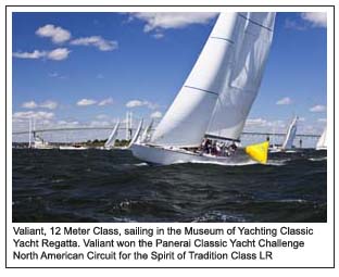 Valiant, 12 Meter Class, sailing in the Museum of Yachting Classic Yacht Regatta. Valiant won the Panerai Classic Yacht Challenge North American Circuit for the Spirit of Tradition Class LR