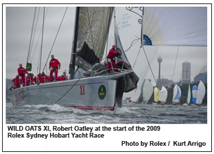 WILD OATS XI, Robert Oatley at the start of the 2009 Rolex Sydney Hobart Yacht Race , Photo by Rolex / Kurt Arrigo.