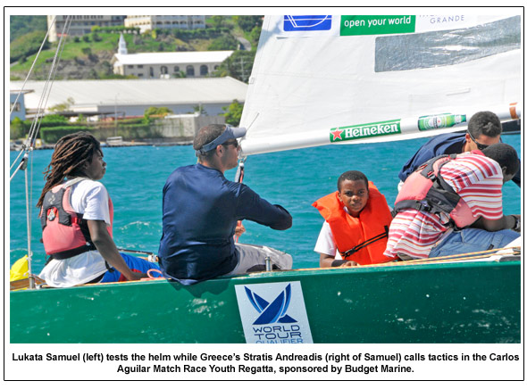 Lukata Samuel (left) tests the helm while Greece’s Stratis Andreadis (right of Samuel) calls tactics in the Carlos Aguilar Match Race Youth Regatta, sponsored by Budget Marine.