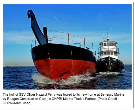 The hull of SSV Oliver Hazard Perry was towed to its new home at Senesco Marine by Reagan Construction Corp., a OHPRI Marine Trades Partner. (Photo Credit OHPRI/Matt Gineo)