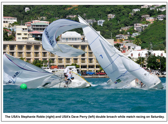 The USA’s Stephanie Roble (right) and USA’s Dave Perry (left) double broach while match racing on Saturday