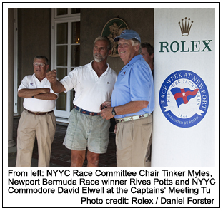 From left: NYYC Race Committee Chair Tinker Myles, Newport Bermuda Race winner Rives Potts and NYYC Commodore David Elwell at the Captains' Meeting Tu., Photo credit: Rolex /   Daniel Forster