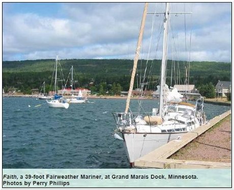 Faith, a 39-foot Fairweather Mariner, at Grand Marais Dock, Minnesota.