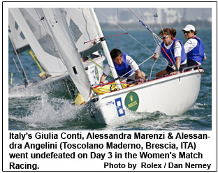 Italy's Giulia Conti, Alessandra Marenzi & Alessandra Angelini (Toscolano Maderno, Brescia, ITA) went undefeated on Day 3 in the Women's Match Racing.