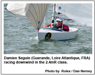 Damien Seguin (Guerande, Loire Atlantique, FRA) racing downwind in the 2.4mR class.  