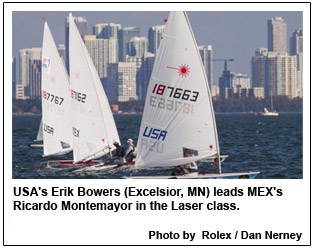 USA's Erik Bowers (Excelsior, MN) leads MEX's Ricardo Montemayor in the Laser class.