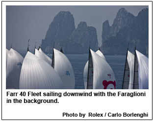 Farr 40 Fleet sailing downwind with the Faraglioni in the background.