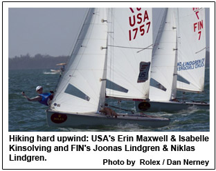 Hiking hard upwind: USA's Erin Maxwell & Isabelle Kinsolving and FIN's Joonas Lindgren & Niklas Lindgren.