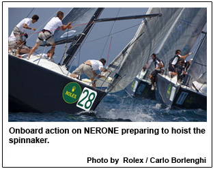 Onboard action on NERONE preparing to hoist the spinnaker.