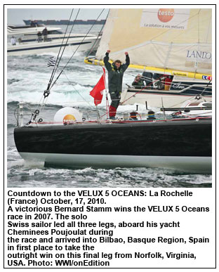 Countdown to the VELUX 5 OCEANS: La Rochelle (France) October, 17, 2010.
A victorious Bernard Stamm wins the VELUX 5 Oceans race in 2007. The solo
Swiss sailor led all three legs, aboard his yacht Cheminees Poujoulat during
the race and arrived into Bilbao, Basque Region, Spain in first place to take the
outright win on this final leg from Norfolk, Virginia, USA. Photo: WWI/onEdition