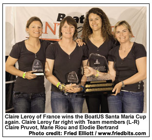 Claire Leroy of France wins the BoatUS Santa Maria Cup again. Claire Leroy far right with Team members (L-R)  Claire Pruvot, Marie Riou and Elodie Bertrand, Photo credit: Fried Elliott / www.friedbits.com
