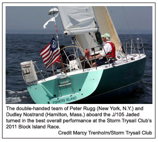 The double-handed team of Peter Rugg (New York, N.Y.) and Dudley Nostrand (Hamilton, Mass.) aboard the J/105 Jaded turned in the best overall performance at the Storm Trysail Clubs 2011 Block Island Race. Credit Marcy Trenholm/Storm Trysail Club