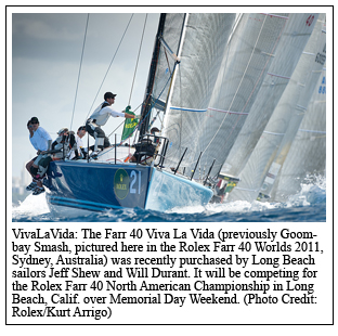 The Farr 40 Viva La Vida (previously Goombay Smash, pictured here in the Rolex Farr 40 Worlds 2011, Sydney, Australia) was recently purchased by Long Beach sailors Jeff Shew and Will Durant. It will be competing for the Rolex Farr 40 North American Championship in Long Beach, Calif. over Memorial Day Weekend. (Photo Credit: Rolex/Kurt Arrigo) 