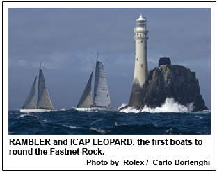 RAMBLER and ICAP LEOPARD, the first boats to round the Fastnet Rock.