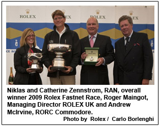 Niklas and Catherine Zennstrom, RAN, overall winner 2009 Rolex Fastnet Race, Roger Maingot, Managing Director ROLEX UK and Andrew McIrvine, RORC Commodore.
