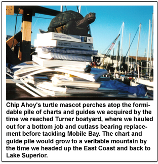 Chip Ahoy's turtle mascot perches atop the formidable pile of charts and guides we acquired by the time we reached Turner boatyard, where we hauled out for a bottom job and cutlass bearing replacement before tackling Mobile Bay. The chart and guide pile would grow to a veritable mountain by the time we headed up the East Coast and back to Lake Superior.