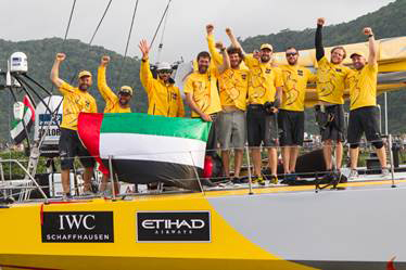 The Abu Dhabi crew celebrate winning the marquee Volvo Ocean Race Southern Ocean Leg 5 on April 5, 2015