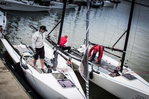 Twin Melges 20s get ready for a practice race on Registration Day of Sperry Charleston Race Week. This spring classic will serve as the Audi Melges 20 2015 US National Championship regatta.