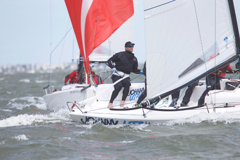 Ryan Foley's team out of Chicago on his J/70 Johnny Utah gets a taste of the breezy conditions they're likely to see on Friday when the regatta begins in earnest.   Charleston Race Week/Tim Wilkes photo