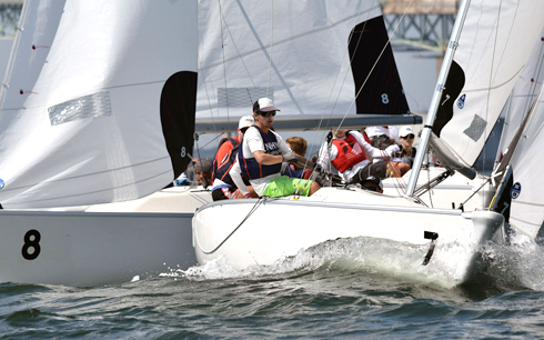 Sailors from Newport Harbor Yacht Club and New York Yacht Club maneuver for position during the start of the deciding race in the final series of the 2015 Morgan Cup. 