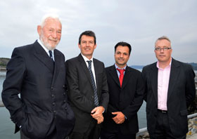 Sir Robin Knox-Johnston (left) with Antoine Cousot, Nabil Amra and Jonathan Fielding, MD, of the Falmouth Boat Co.