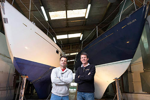 Nabil Amra (left) from Minneapolis and Antoine Cousot with their Biscay 36 yachts. 29 of these traditional long keeled yachts were built by the Falmouth Boat Co between 1975 and 1990. Antoine has the first, and Nabil, the last. The two yachts are now undergoing extensive refits in readiness for the 2018 Golden Globe Race and will be relaunched in May 2017