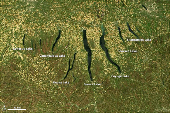 The Finger Lakes in upstate New York were formed around 10,000 years ago as a result of the last glacial recession. (Image: NASA)