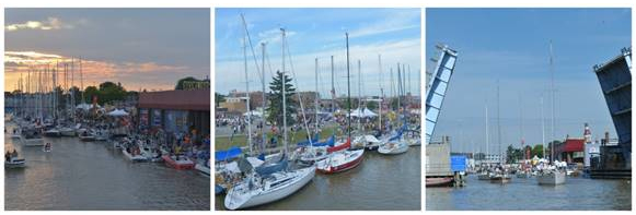 An estimated 100,000 sailing fans and families flocked to Port Huron to attend festive pre-race activities, while more than 2500 sailors claimed their teams dock space (or raft-up position) on the Black River prior to the start. (Credit Martin Chumiecki)