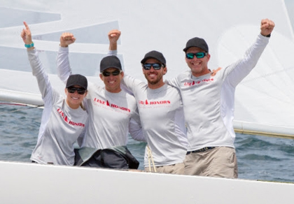 Photo caption: Bill Hardesty (far right) and his team of (left to right) Stephanie Roble, Marcus Eagan and Taylor Canfield shortly after winning the 2014 Etchells World Championship off Newport, R.I. For Hardesty this is his third world title in the Etchells Class. He also won the championship in 2008 and 2011.
