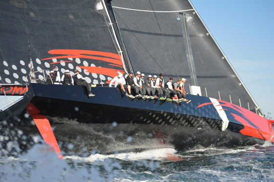 The 100ft Comanche speeding at 25knots. Race officials predict that she could cross the St David's Lighthouse finish line off Bermuda at around 3:AM EDT.  The Ken Read skippered racer has until 9:19 EDT to beat the 39hr 39min 18 sec record for the race set by RAMBLER in 2012. Photo: Barry Pickthall/PPL