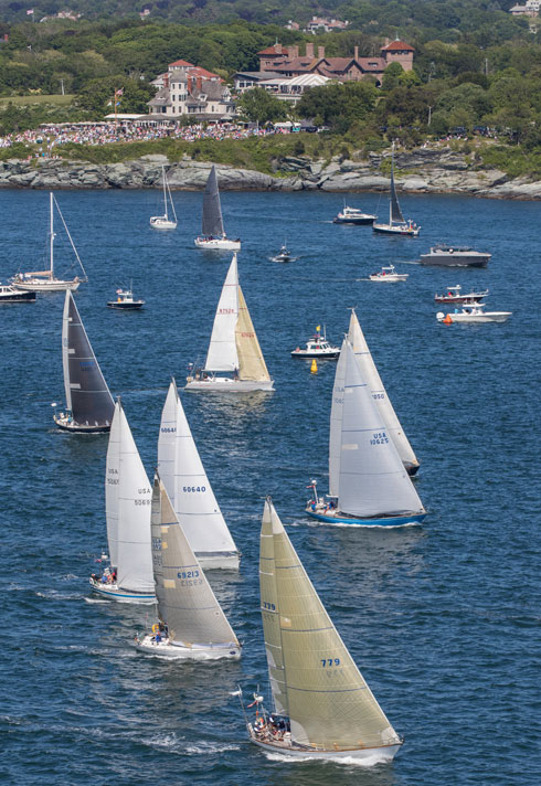 Perfect conditions prevailed for spectators and crews at the start off Castle Hill on Friday. This is Class 4 St David's Lighthouse division fleet 7 FROYA, skippered by Briggs Tobin from Ridgefield CT. ZIPPORAH  skippered by Doug Mann. MORGAN OF MARIETTA skippered by Colin Golder. PERIGEE skippered by Charles Bocklet III. DREAMCATCHER, skippered by Stephen Kylander from Hingham MA Photo: Daniel Forster/PPL