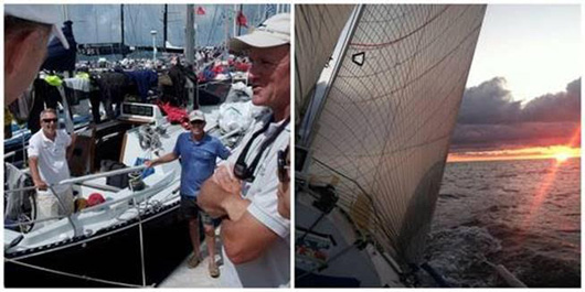 ((left) The Governor of Bermuda chats with Eliminator co-owners Bruce VandeVusse and Paul VanTol (blue shirt) along with navigator Michael Hoey (at right on dock). (right) Eliminator in the 2014 Newport Bermuda Race. Click photo to download in high resolution.