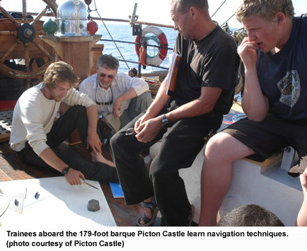 Trainees aboard the 179-foot barque Picton Castle learn navigation techniques. (photo courtesy of Picton Castle)