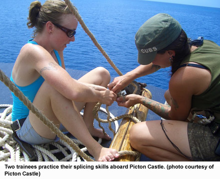 Two trainees practice their splicing skills aboard Picton Castle. (photo courtesy of Picton Castle)