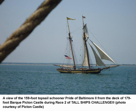 A view of the 159-foot topsail schooner Pride of Baltimore II from the deck of 179-foot Barque Picton Castle during Race 2 of TALL SHIPS CHALLENGE® (photo courtesy of Picton Castle)