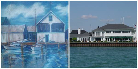 The Bayview Yacht Club “then” (1915) on Motor Boat Lane, as depicted in a painting currently hanging in the clubhouse, and “now” (2015) on the edge of the Detroit River. (credit Bayview Yacht Club/Martin Chumiecki)