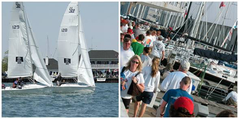 (left) Sailing on the Detroit River off the Bayview Yacht Club; (right) Sailors crowd the docks at Bayview Yacht Club in preparation for one of the club’s many seasonal regattas. (Photo credit Bayview Yacht Club/Martin Chumiecki)
