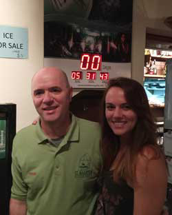 Matt O’Keefe with daughter, Allison at the St. Maarten Yacht Club with 5 hours 31 minutes 43 seconds before the start of the first race; Timer to Serious Fun.