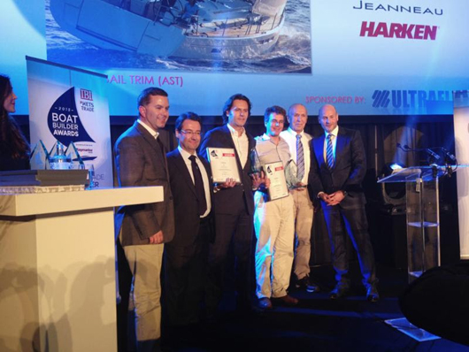 Accepting the award from IBI are: (far left) Bill Goggins, Harken USA Managing Director, (middle) Davide Burrini/Harken Italy OEM Manager, Erik Stromberg/Sailboat Product Director Jeanneau, Peter Harken/Harken Chairman.
