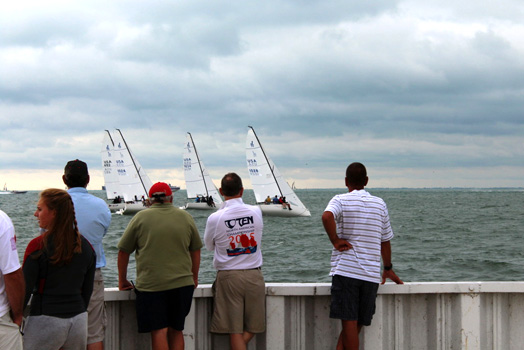 Stadium-style sailing action during Premiere Sailing League USA Demo Event at GPYC